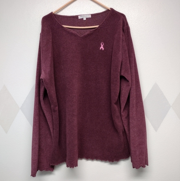 Breast cancer awareness deep mauve color pullover with lettuce hems, size XL - Picture 1 of 9